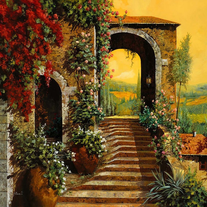 ceramic tile mural backsplash medallion garden Archway stairs to Tuscan vineyard