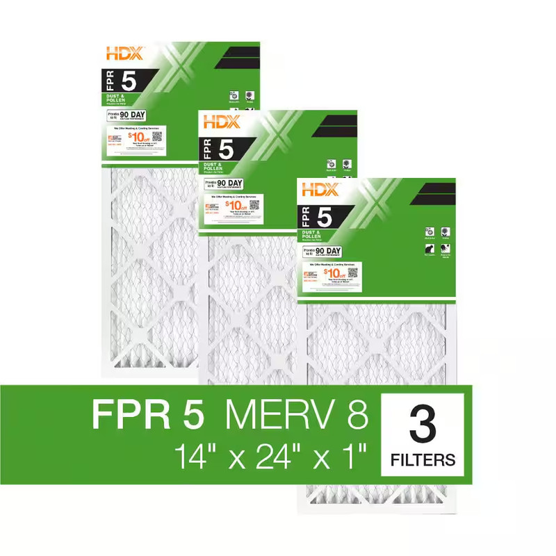 14 In. X 24 In. X 1 In. Standard Pleated Furnace Air Filter FPR 5, MERV 8 (3-Pac