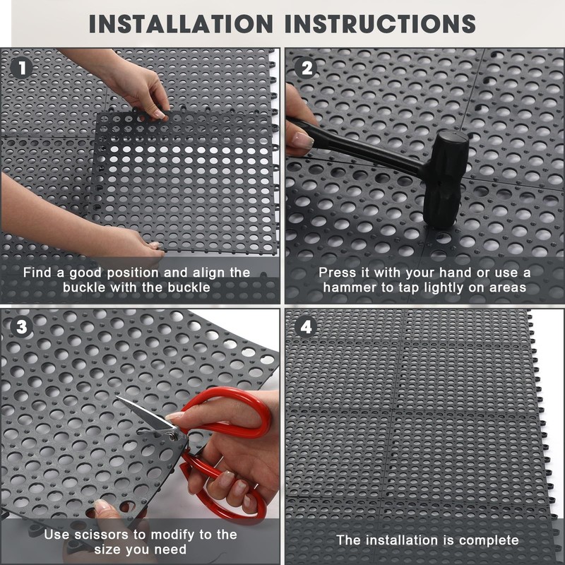 24 Pack Interlocking Drainage Floor Tiles with Hammer - Non-Slip Rubber Mat for gallery