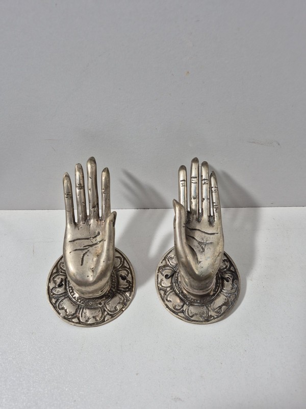 Buddha Pull Handles Open Hand Silver Brass Door Knob Set Of 2