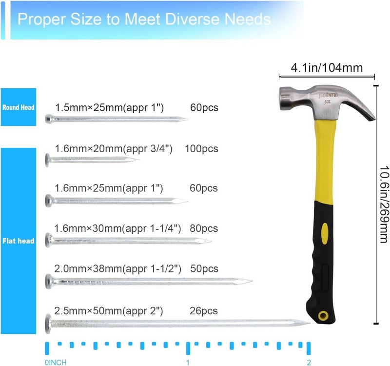 376pcs Hardware Assortment Kit with 2" Nails & 8oz Claw Hammer for Hanging Pictu gallery