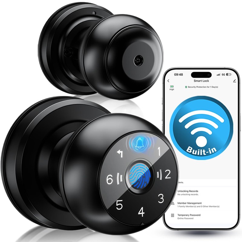 5-in-1 WiFi Smart Fingerprint Door Knob Lock Keypad Remote Unlock Alerts
