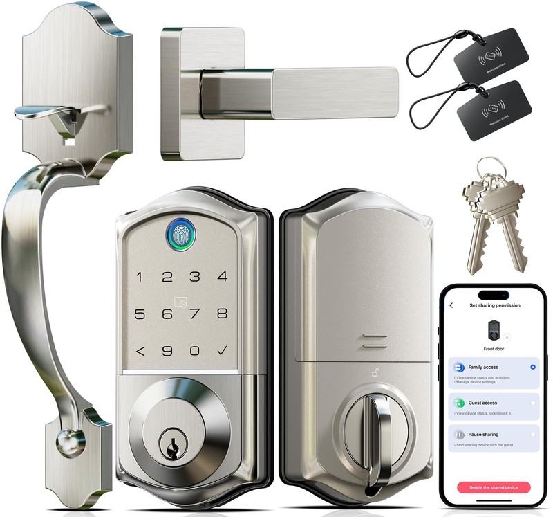 VE017-H Fingerprint Front Door Lock Set, App Control, 8-in-1 Keyless Entry De…