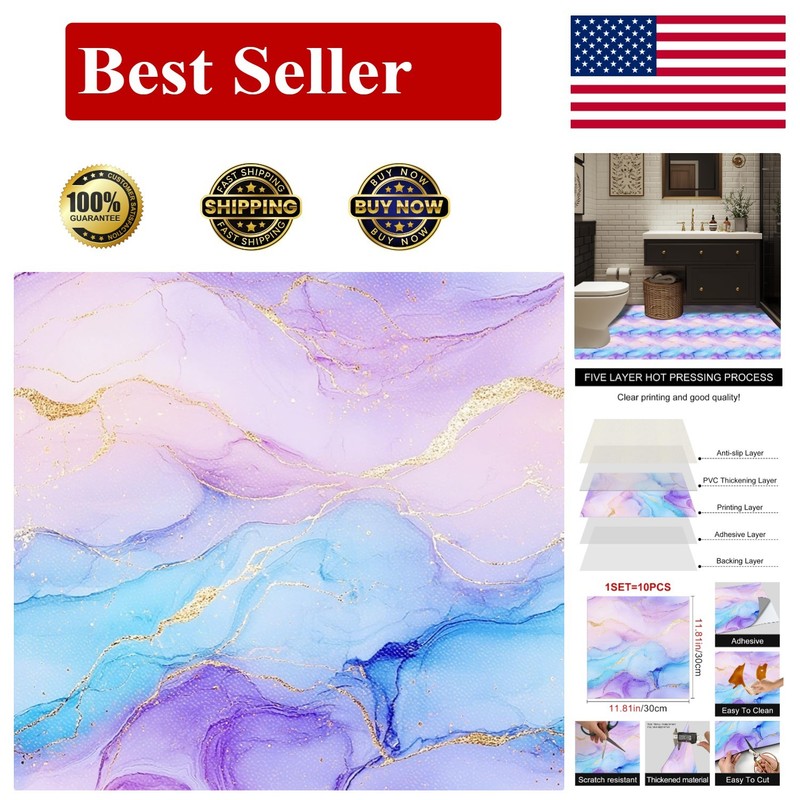 10PCS 12×12 Inch Blue Purple Gradient Ink Marble Gold Line Floor Tiles Peel a…