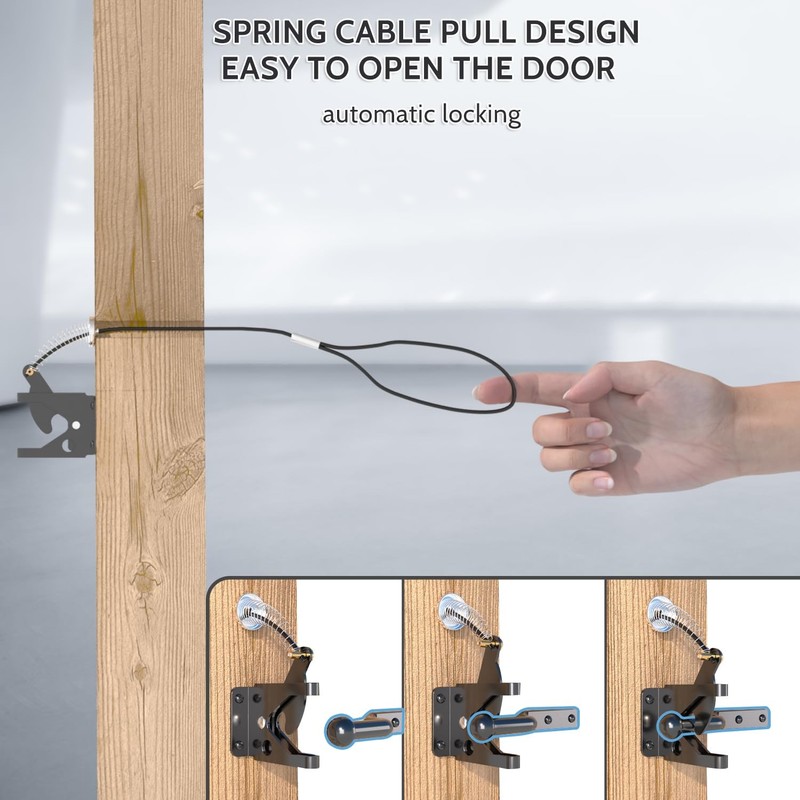 Gate Latch with Spring Cable Pull for Fence Gate - Carbon Steel - BlackSelf Loc gallery