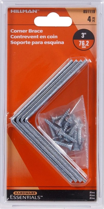 Hardware Essentials 3 In. x 3/4 in. Zinc-Plated Corner Brace, 4-Pack