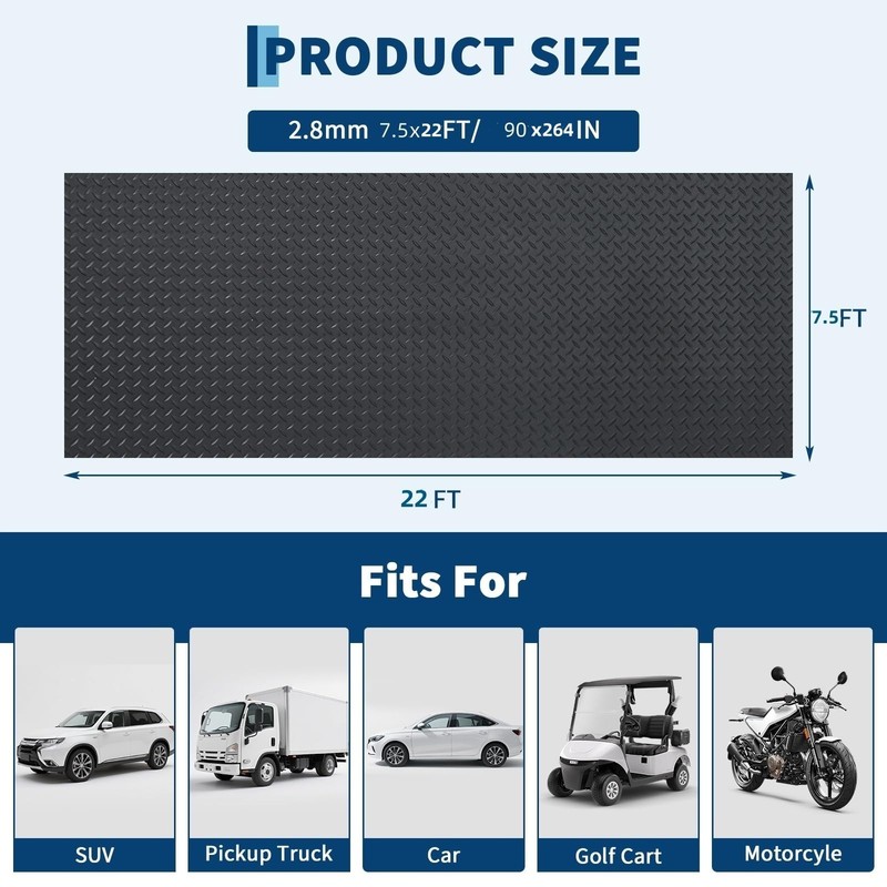 7.5×16-25ft Garage Floor Mat, 2.8mm PVC Rubber Non-Slip Waterproof Diamond Plate