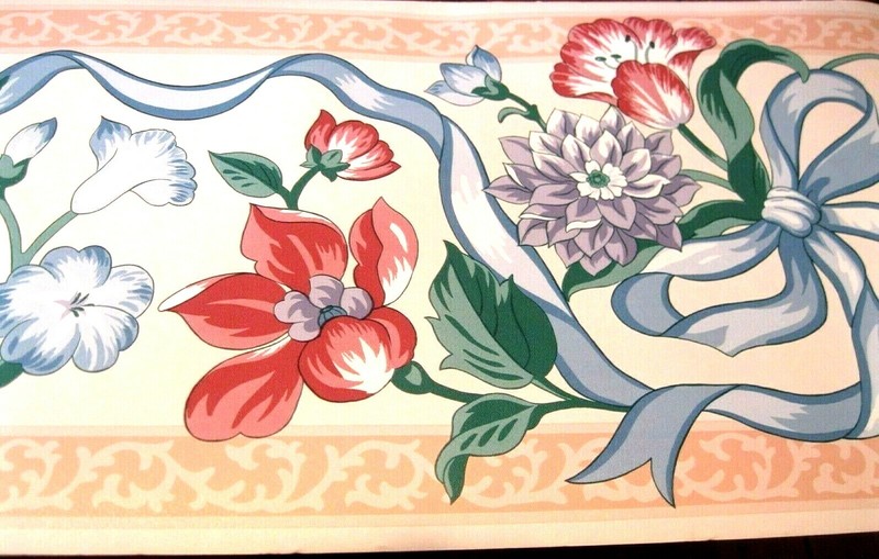 Wallpaper Border Blue Ribbon Bows Wine Flowers White Pink Trim 5513 02 NIP