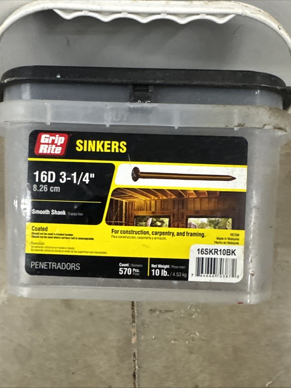 570pcs Grip-Rite 16d x 3-1/4 In. Coated Sinker Framing Nails 10 Lbs SMOOTH SHANK