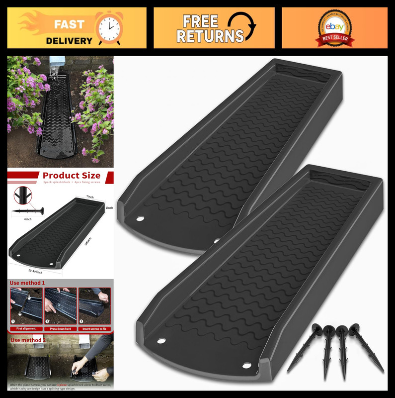 2 Pack 24″ Downspout Splash Block Extensions, Gutter Drainage System, 4 Fixing N