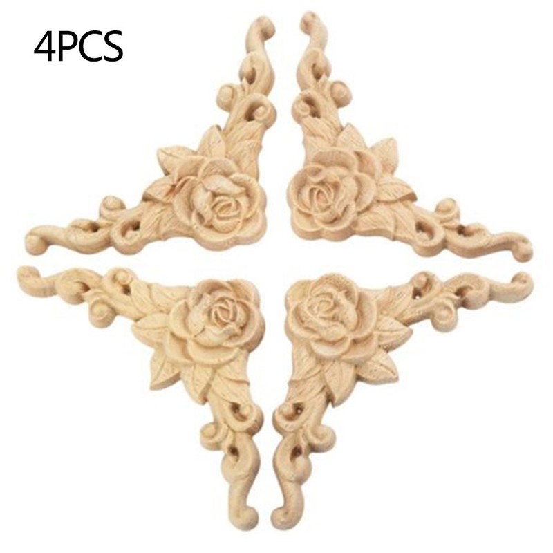 Onlay Applique Woodcraft 4pcs 8*8cm Wood Carved Unpainted Rose European Style