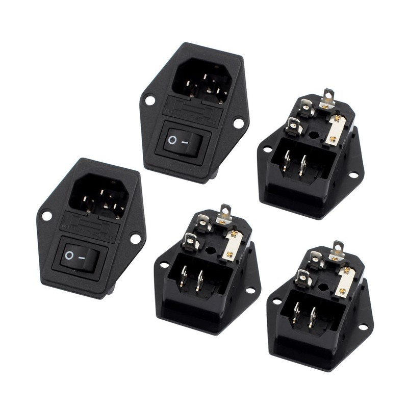 10A 250VAC Rocker Switch 3 Terminals IEC320 C14 Inlet Male Power 5pcs