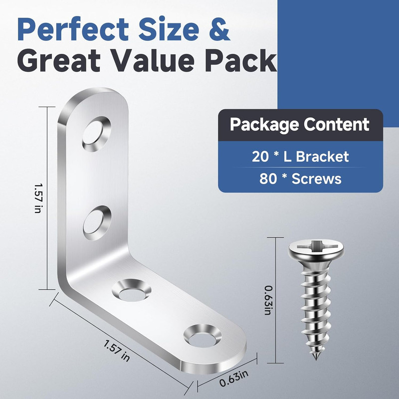 20PCS Stainless Steel L Brackets 90 Degree Corner Braces with Screws