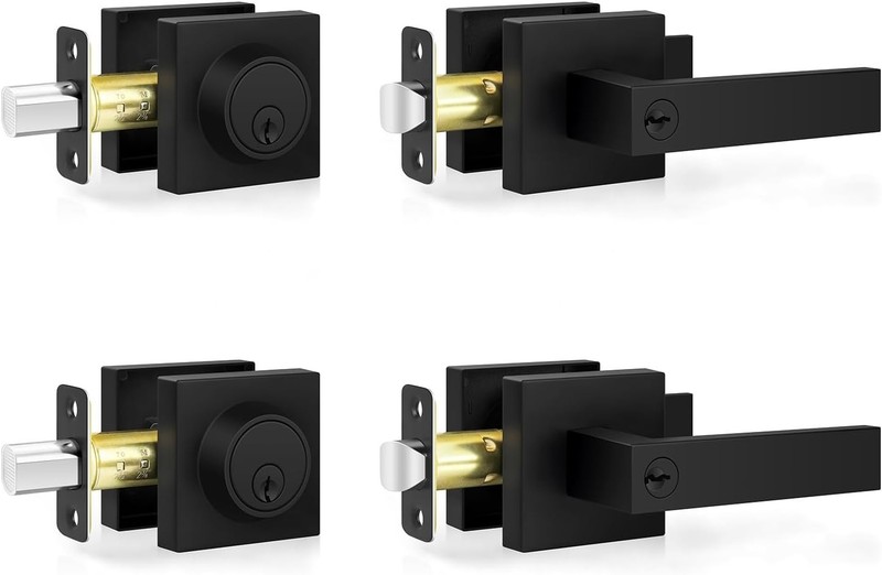 Matte Black Keyed Alike Door Lock Set - Heavy Duty Deadbolt & Handle, 2 Pack gallery