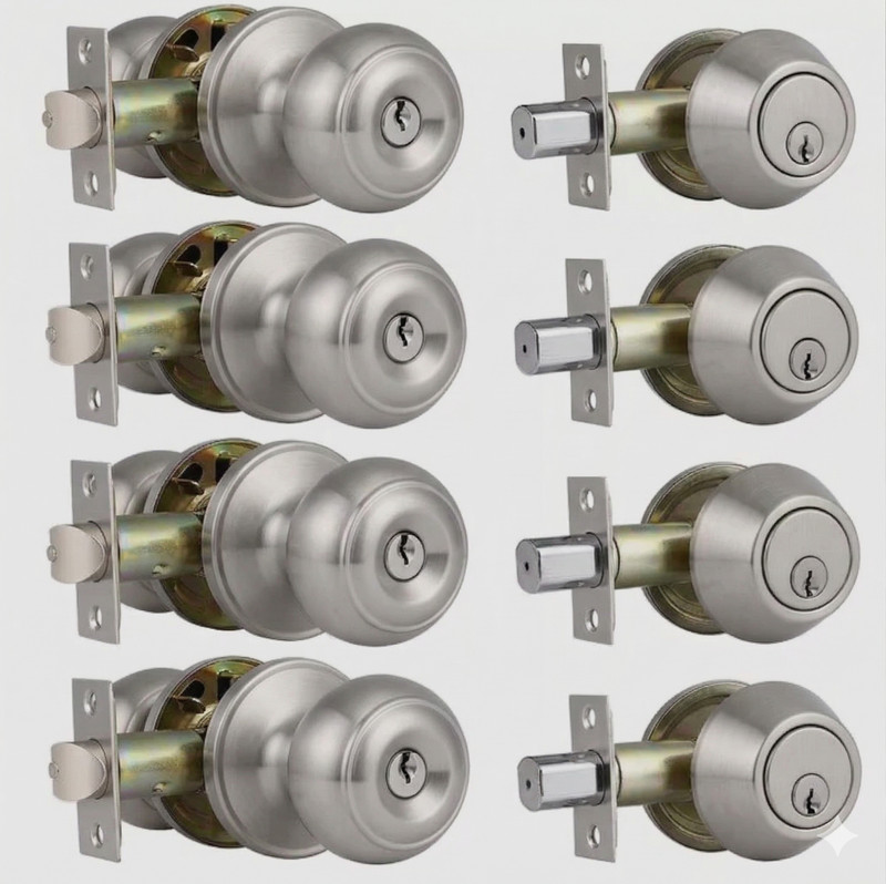 4 Pack Keyed Entry Door Knobs & Single Cylinder Deadbolt Lock Combo Set – SILVER