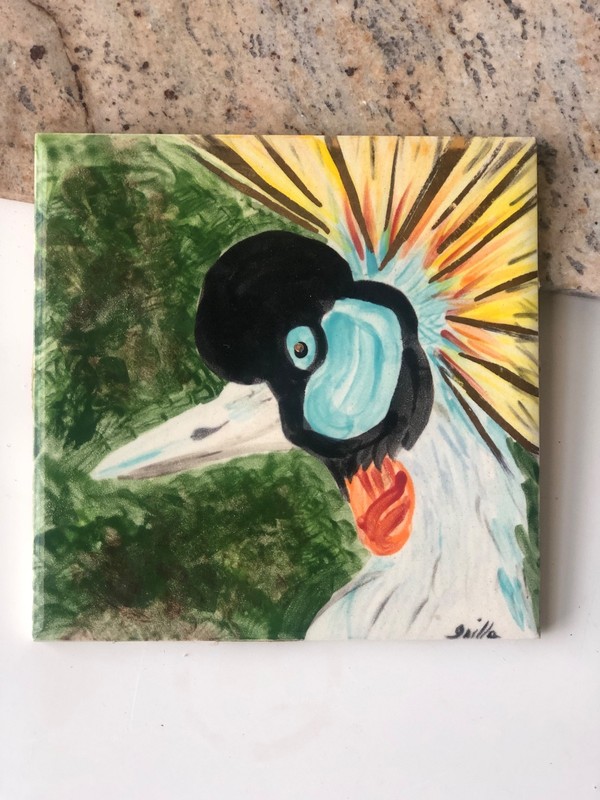 Ceramic Vintage Hand Painted Art Tile w/ Bird Crane Design Backsplash /Mural