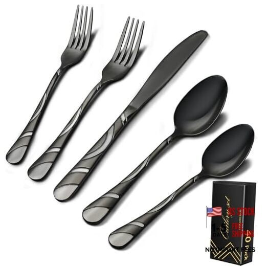 Silverware Set for 8, 18/0 Stainless Steel 40-Piece Frosted Serving for 8 Black