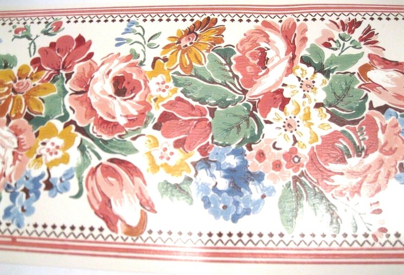 Wallpaper Border Bright Flowers Cabbage English Roses Flowers White Red 1466 NIP gallery