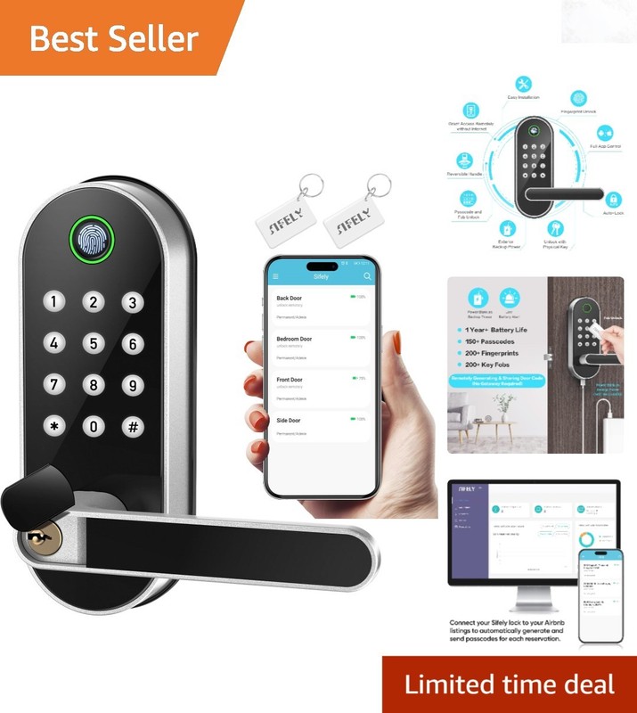 Smart Door Lock Keyless Entry Fingerprint Bluetooth WiFi App Remote Alexa Google