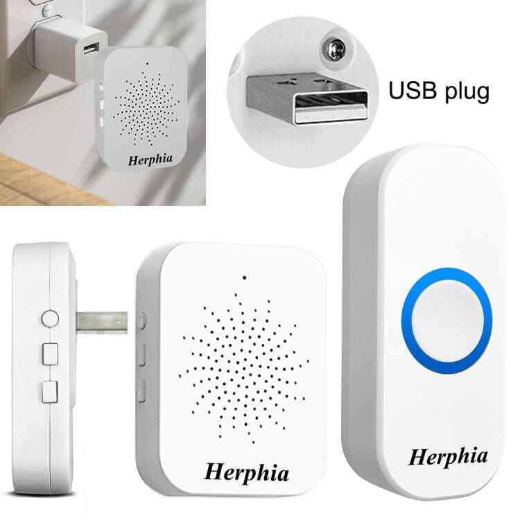 Wireless Doorbell 2 USB Plug in Receiver Ring Waterproof Door Bell Kit 20 Chimes