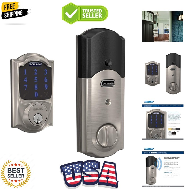 BE469ZP CAM 619 Connect Smart Deadbolt with alarm with Camelot Trim in Satin …