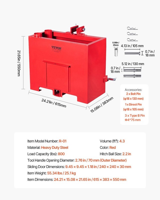 Durable Red Ballast Box 800lb 4.3ft³ Steel Construction with 2in Receiver Fit gallery