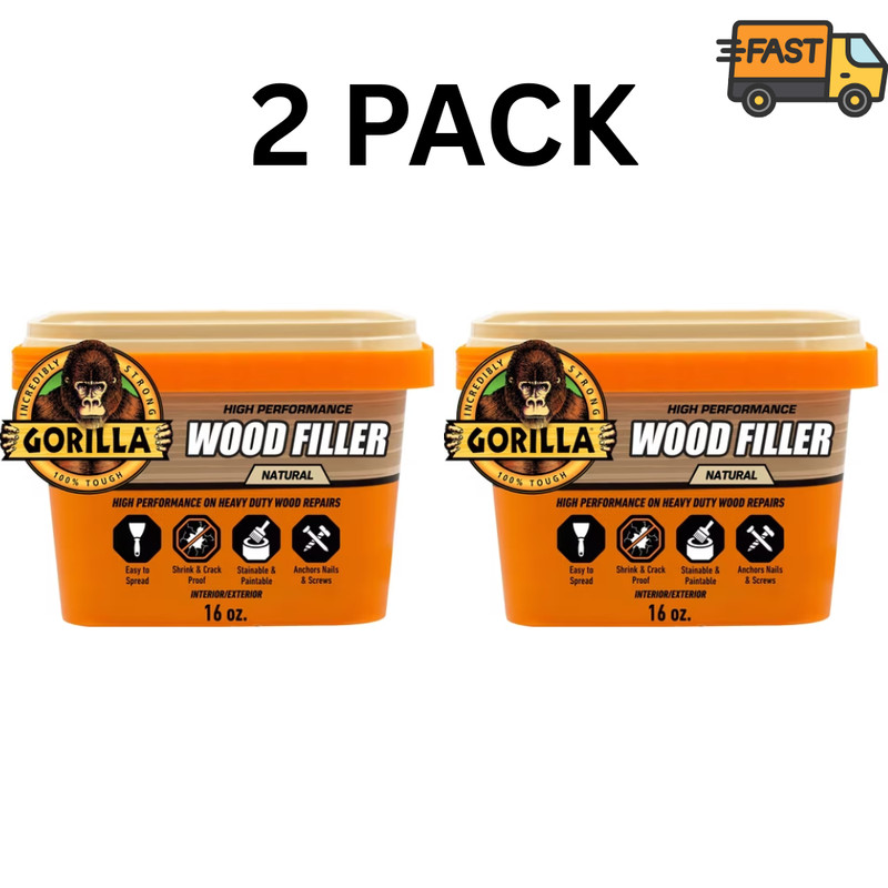 2 Pack Gorilla Wood Filler Natural Finish 16 oz Interior Exterior Repair