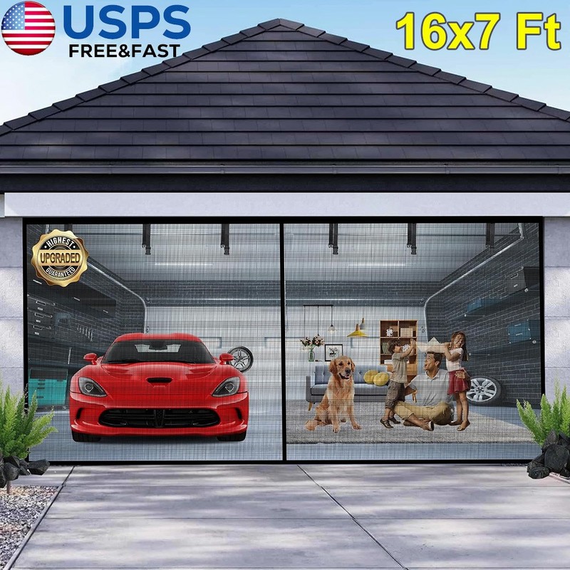 Magnetic Garage Door Screen 16 x 7ft for 2 Cars Heavy-Duty Garage Net Fiberglass