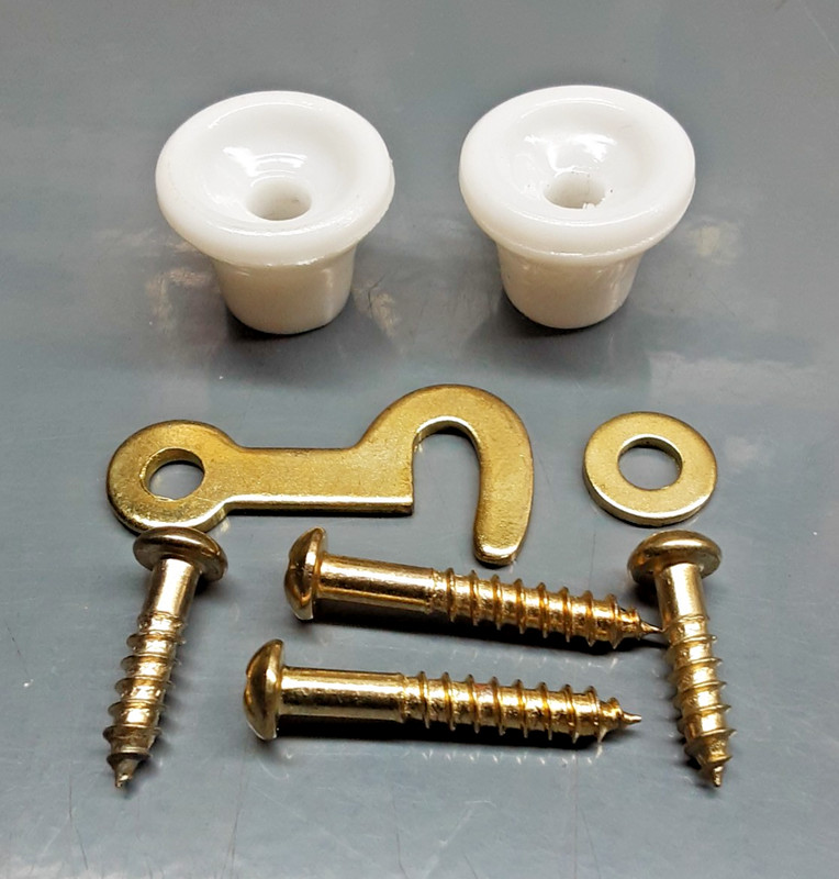 Drawer Knobs Pulls Pr 3/4″ Plastic Plus Brass Hook Latch & Screws, NOS Vtg Repro
