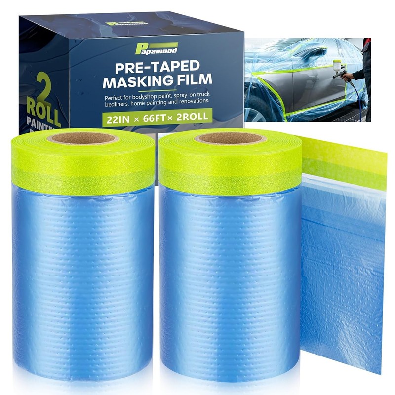 Pre-Taped Masking Film – 22″ x 66′ Roll for Painting Projects (2 Pack)