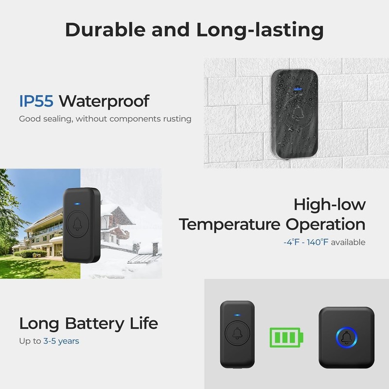 Waterproof Wireless Doorbell - 5 Volume Levels, US Plug, 1 Receiver gallery