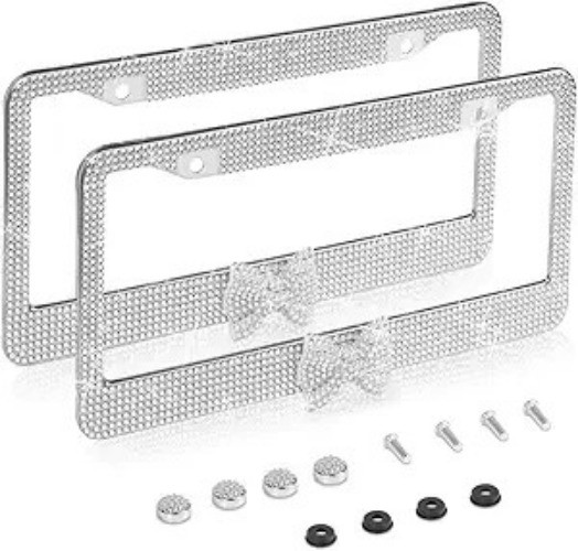 2 Pack License Plate Frame, Handcrafted Rhinestone Pr Color: Silver&Silver-bow