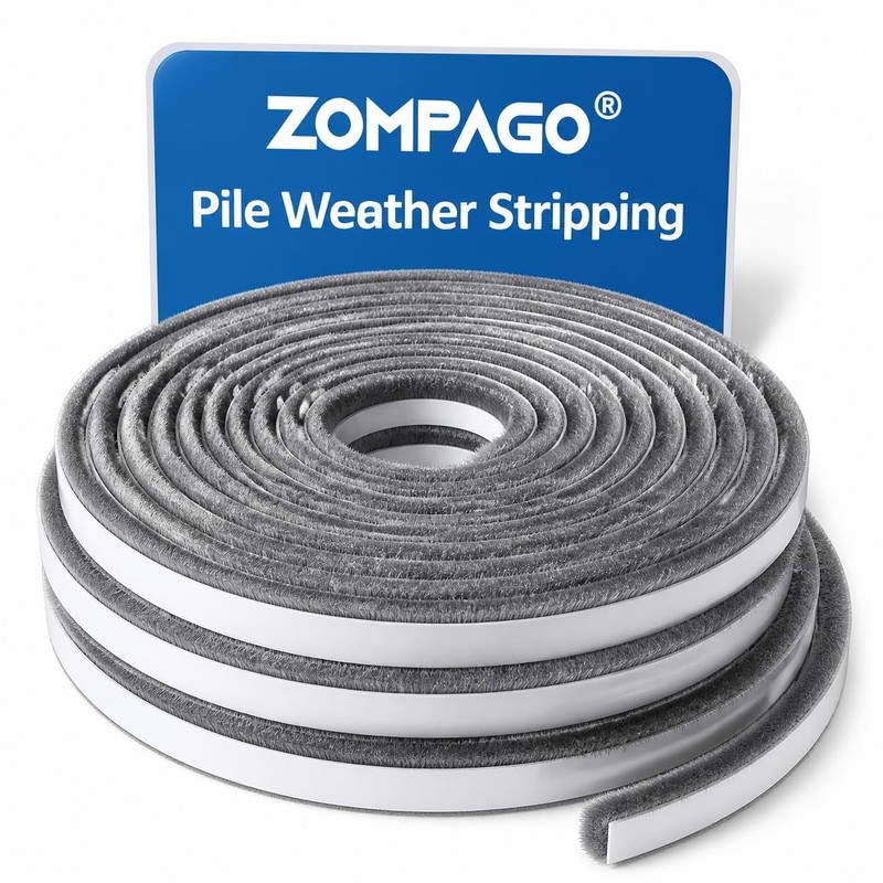 Zompago Brush Weather Stripping 0.6Int X 0.4Inw X 33Ft Grey Door Seal Strip For