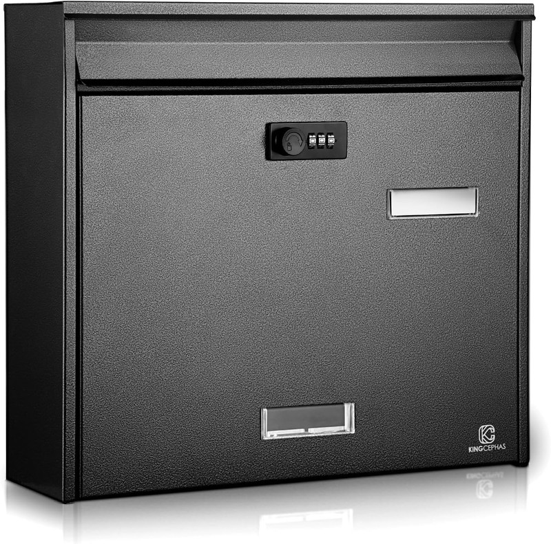 Secure Wall-Mounted Mailbox with Lock, Large Waterproof Black Postbox