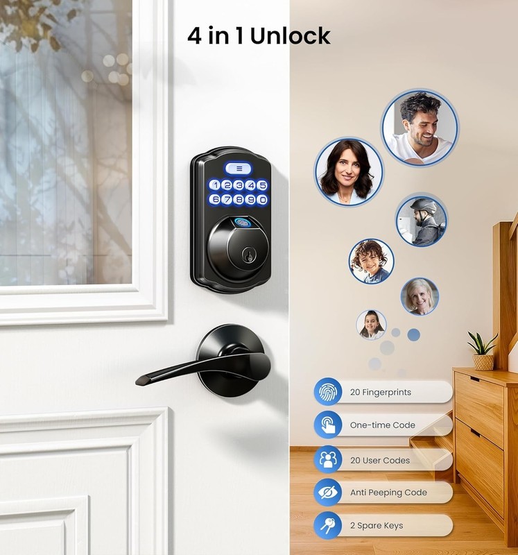 Smart Fingerprint Deadbolt Lock - Easy Install, 20 User Codes, Matte Black gallery