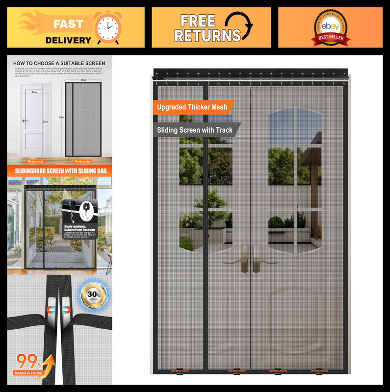 Magnetic Sliding Screen Door – Reinforced Mesh, Retractable Privacy Curtain, 34″