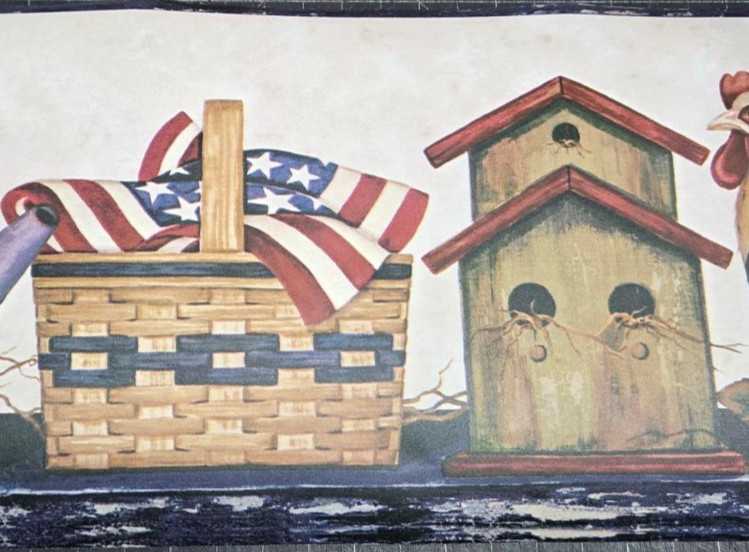 Rustic Americana Wallpaper Border HH28181B Patriotic Rooster Basket gallery