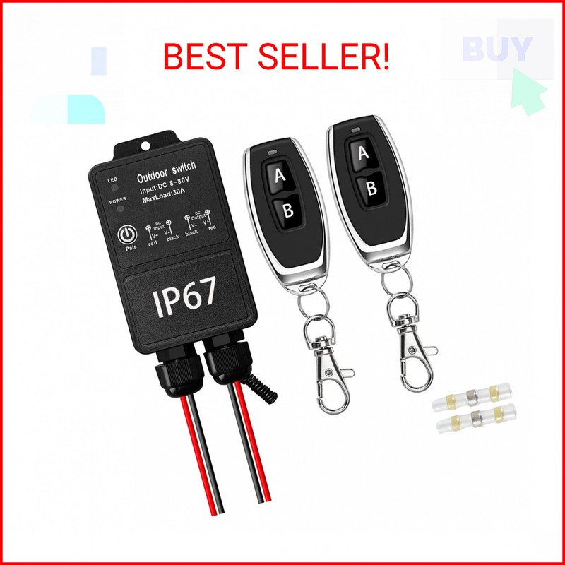 12V Remote Control Switch. IP67 Waterproof DC8-80V 30A Relay Wireless Switch wit