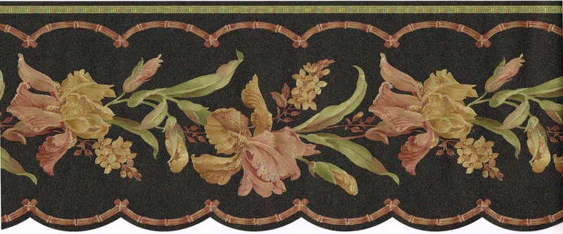 Gold Copper Iris Flower Floral Sculptured Satin Textured Black Wallpaper Border