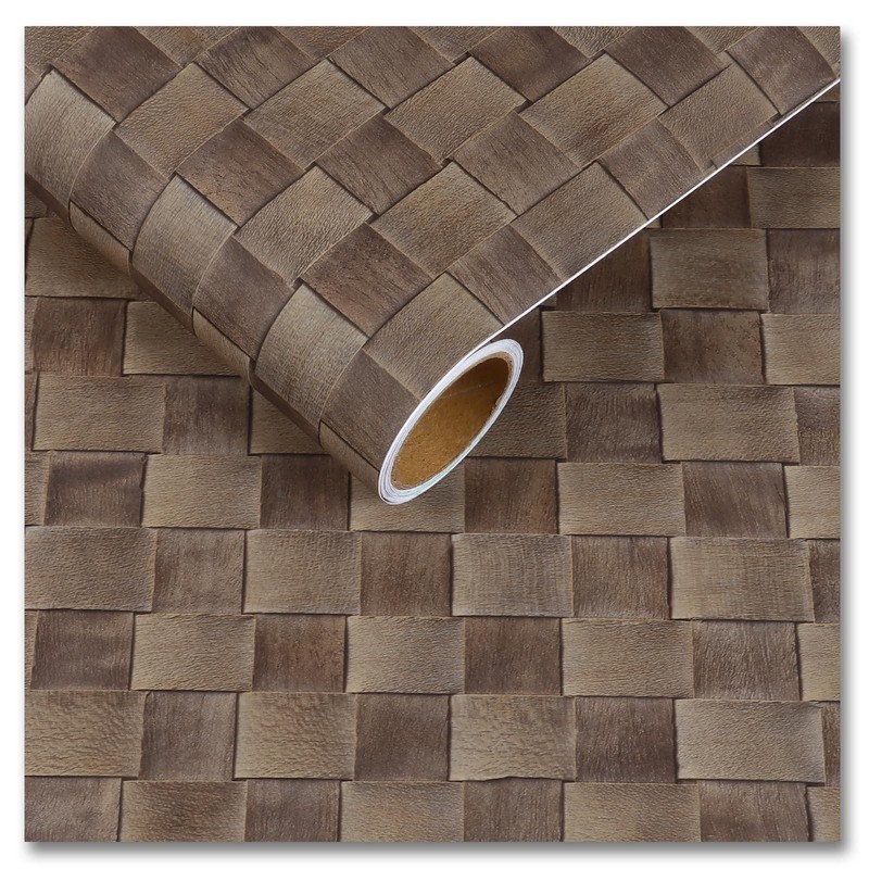 Non-Textured Tan Brown Rattan Wallpaper Stick and Peel Faux Woven Pattern Brown