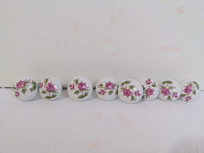 White/Pink Roses Flowers Porcelain Knobs Pulls Drawer Cabinet Door 1.5” Set Of 8