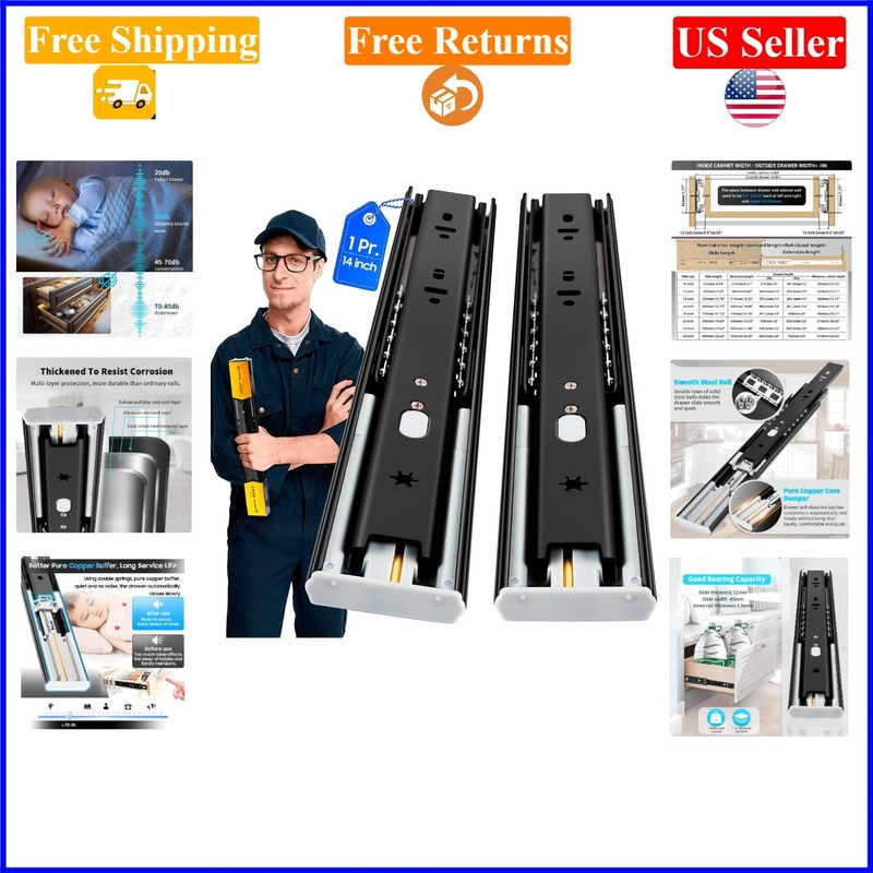 14-Inch Black Soft Close Drawer Slides Full Extension Heavy Duty Steel