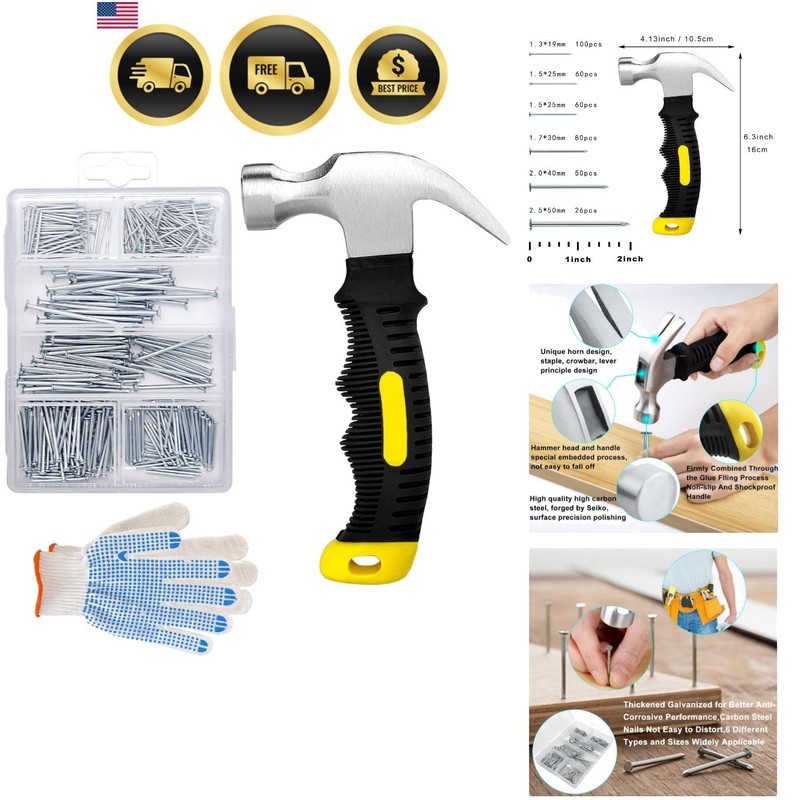 376pcs Hardware Nails Assortment Kit with 8oz Small Claw Hammer, Mini Hammer …