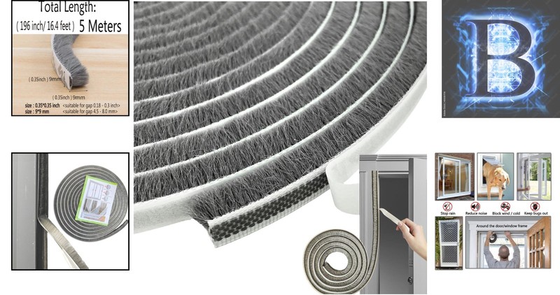 Waterproof Self-Adhesive Pile Weather Stripping for Windows & Doors, 16.5ft Grey gallery