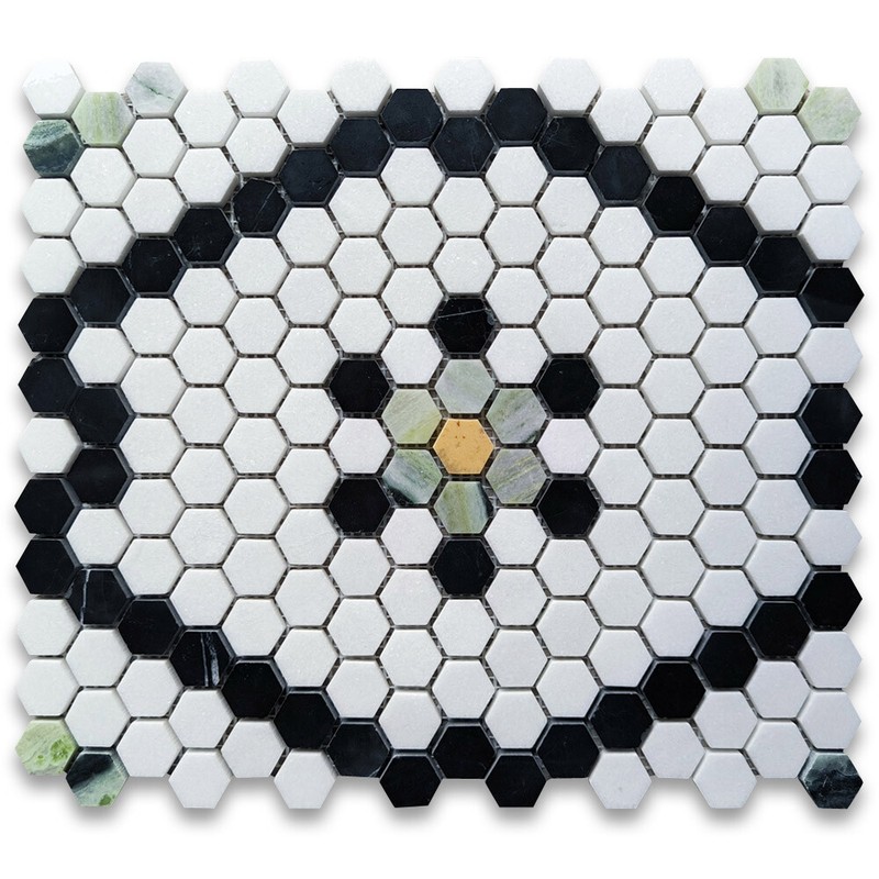 T31F6XP Thassos White Marble Hexagon Historic Snowflake Mosaic Tile Green