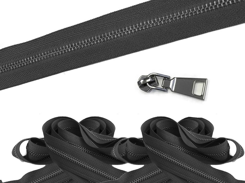 Continuous Zipper Chain by Feet, Unfinished Zipper – Metal #5 Black, Black Tape