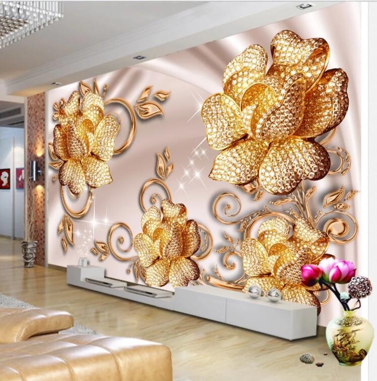 3D Floral Relief Golden Self-adhesive Wallpaper Removable Wallpaper Wall Mural