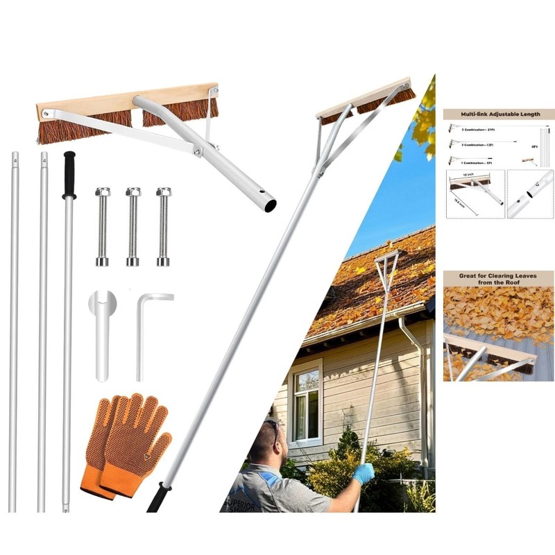 Effortless Leaf Removal – Adjustable Roof Rake Brush with Gloves, 21FT Long