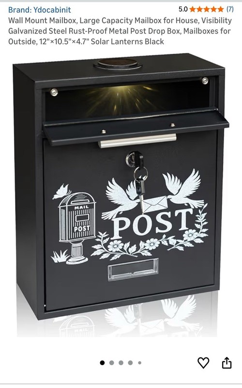 Solar Wall Mount Mailbox With Keys And Light 10.5” H X 12” W X 4.7” D Black