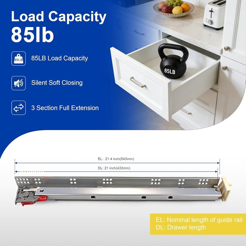 21 Inch Undermount Drawer Slides - Soft Close, Heavy-Duty, All Hardware gallery